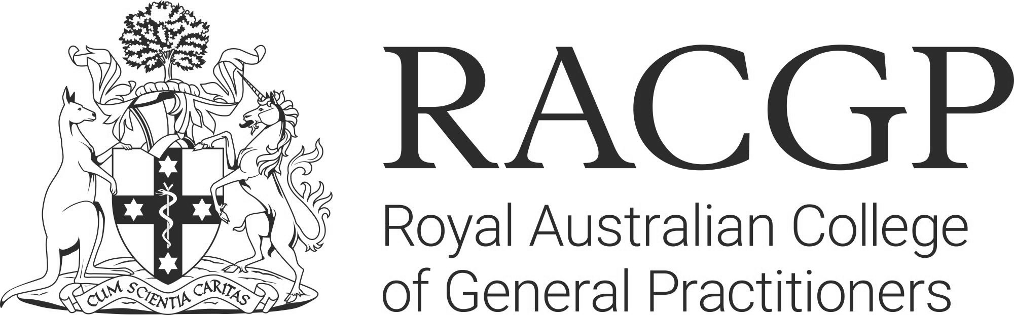 Logo of the Royal Australian College of General Practitioners (RACGP), featuring a coat of arms with a kangaroo and emu flanking a shield, a tree above, and the motto "Cum Scientia Caritas" below.